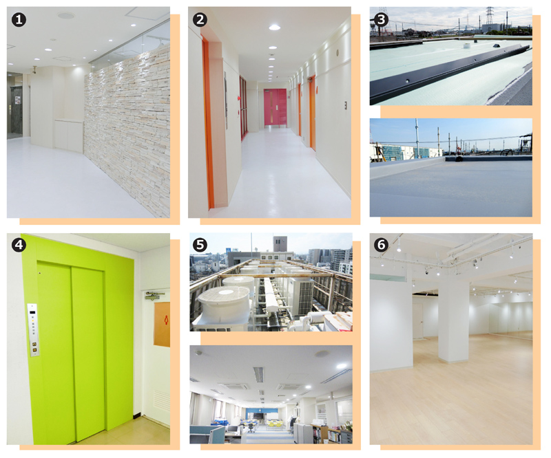 ①エントランス、②廊下、③屋上/防水、④EV、⑤空調/改修、⑥スタジオ